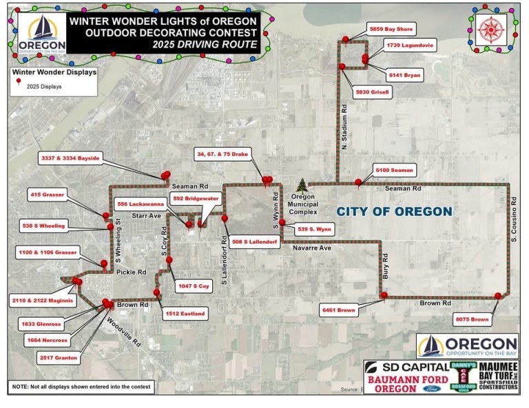 Map of the 2025 Winter Wonder Lights outdoor decorating contest driving route in Oregon, showing winter display locations.
