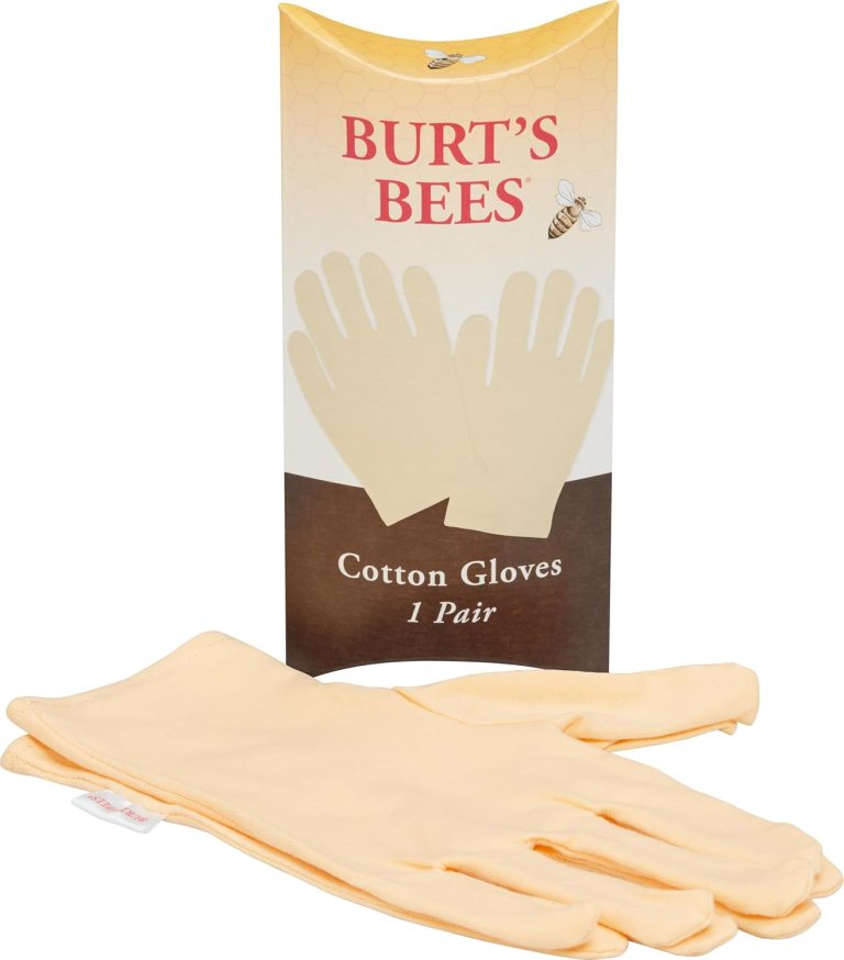 A pair of Burt's Bees cotton gloves displayed next to their packaging, featuring a honeycomb pattern and product details.