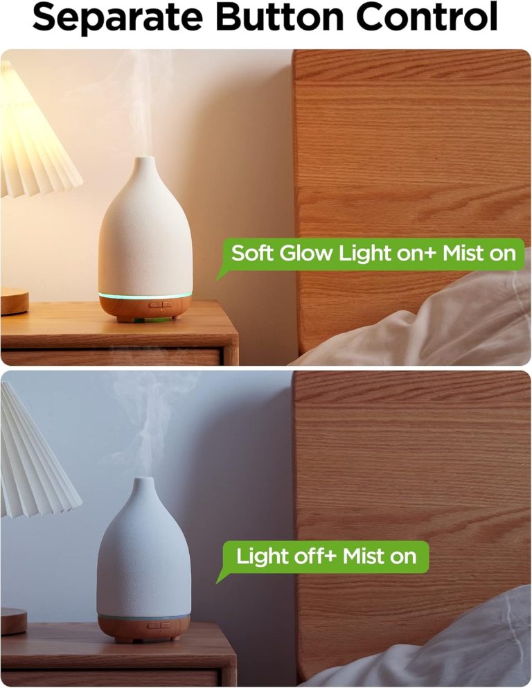 A diffuser on a bedside table, with a soft glow light, demonstrating two settings: one with soft light and mist on, and the other with light off and mist on.