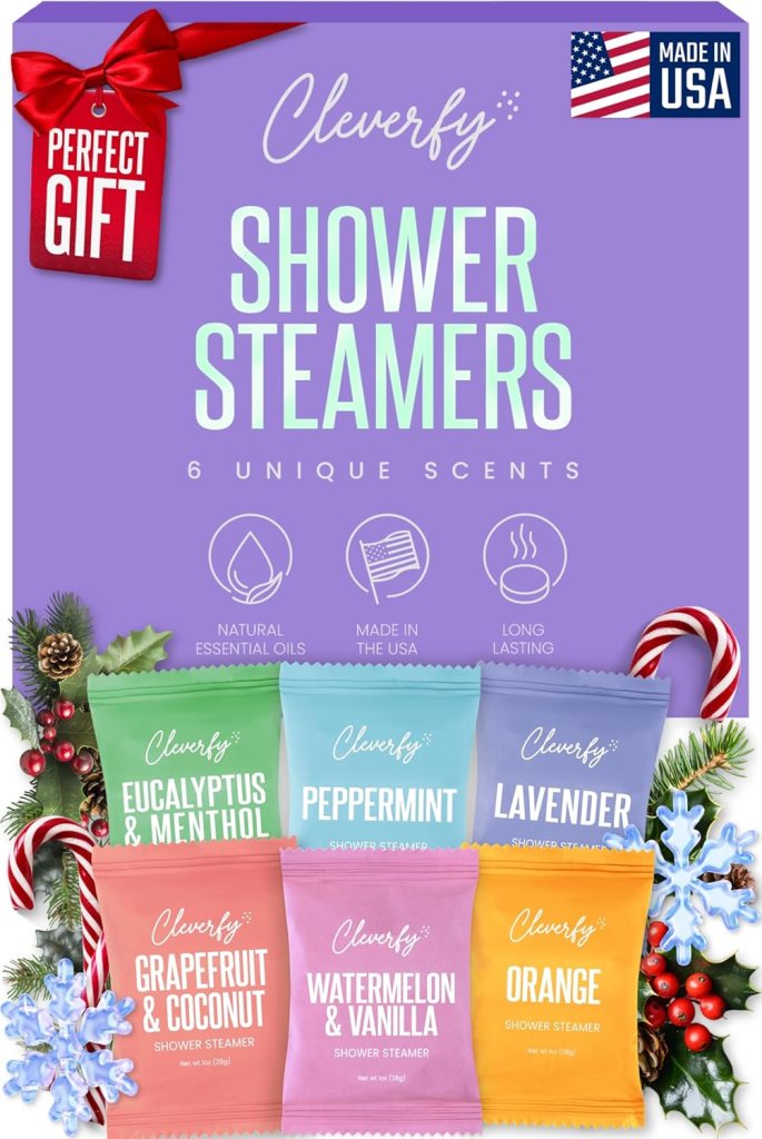 Product packaging for Cleverfy Shower Steamers featuring six unique scents: Eucalyptus & Menthol, Peppermint, Lavender, Grapefruit & Coconut, Watermelon & Vanilla, and Orange, with festive decorations.