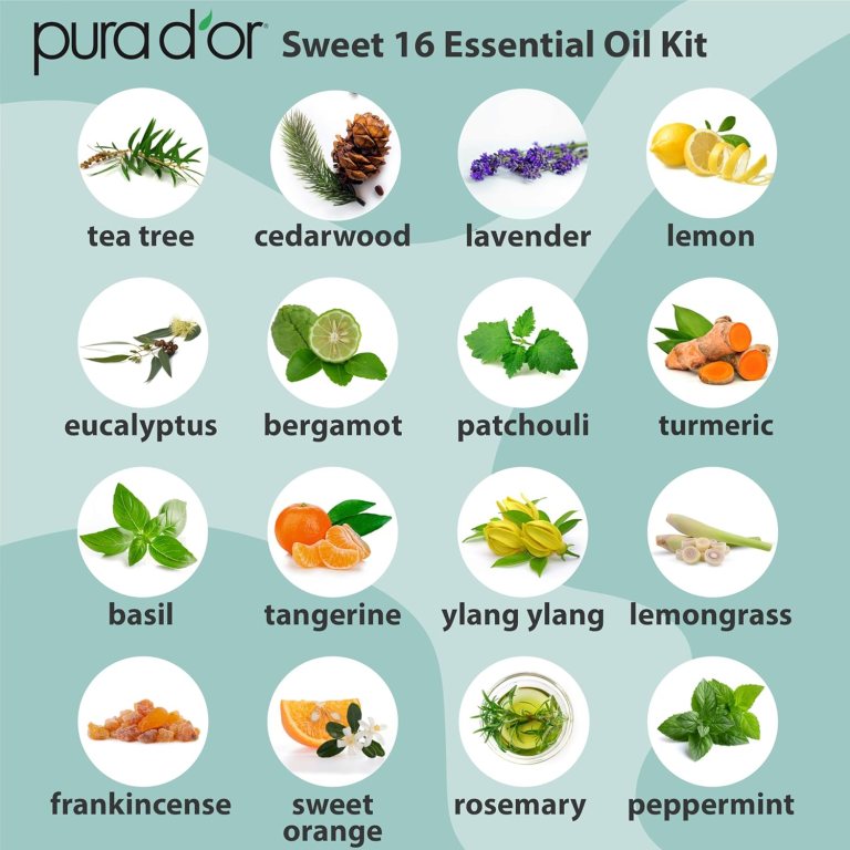 Visual representation of the Pura D'or Sweet 16 Essential Oil Kit, featuring circular images of various essential oils and their corresponding plants, including tea tree, cedarwood, lavender, lemon, eucalyptus, bergamot, patchouli, turmeric, basil, tangerine, ylang ylang, lemongrass, frankincense, sweet orange, rosemary, and peppermint.