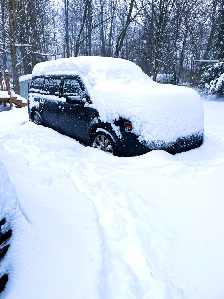 A black vehicle covered in heavy snow in a winter scene, with a snowy landscape and trees in the background.