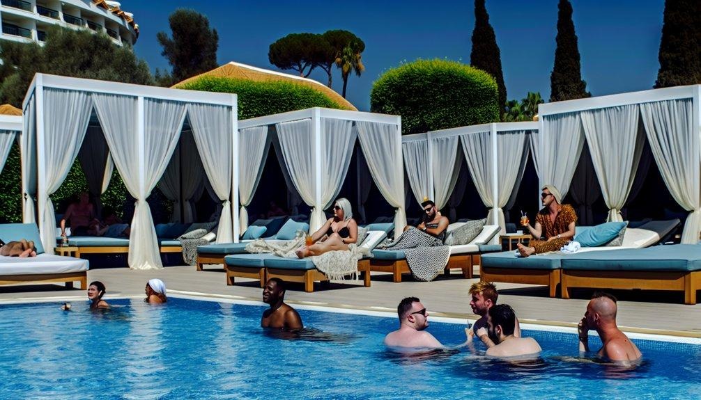 A vibrant pool scene featuring people relaxing in the water and lounging on cabana beds, set against a sunny backdrop with lush greenery and a luxury hotel.