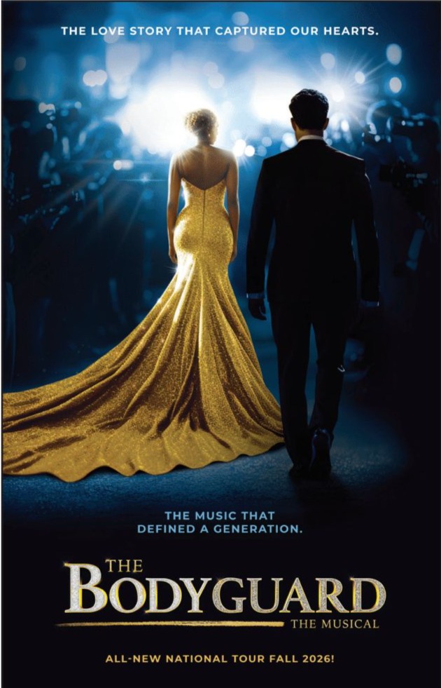 Poster for 'The Bodyguard: The Musical' featuring a couple in silhouette, with the woman in a sparkling golden gown, standing together against a backdrop of lights and cameras.