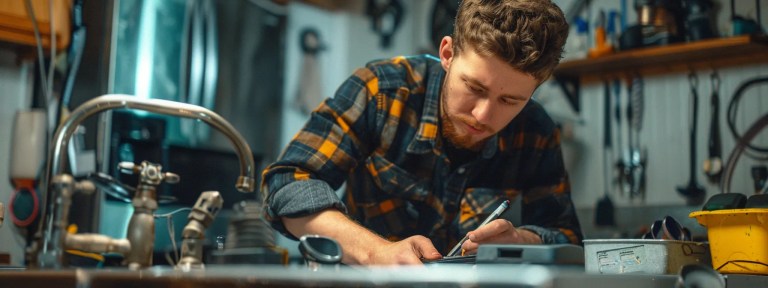 A young man wearing a plaid shirt works diligently at a workshop table, focused on a task involving tools and materials.