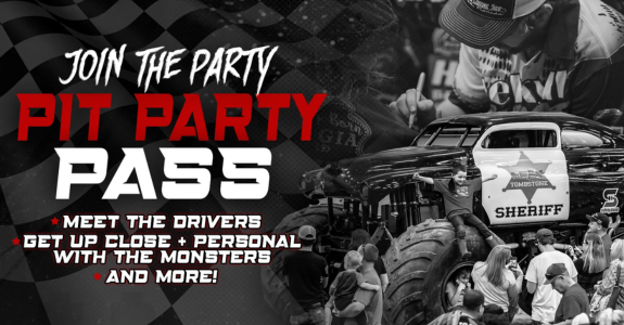 Promotional graphic for a 'Pit Party Pass' event featuring a monster truck and encouraging attendees to meet drivers and interact with the vehicles.