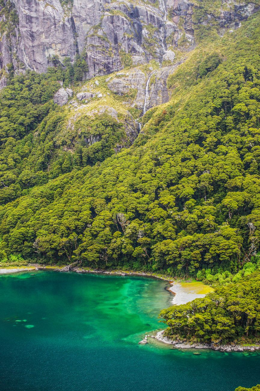 A scenic view of a lush green forest surrounding a tranquil, turquoise lake with rocky shores and a backdrop of steep, rugged cliffs.