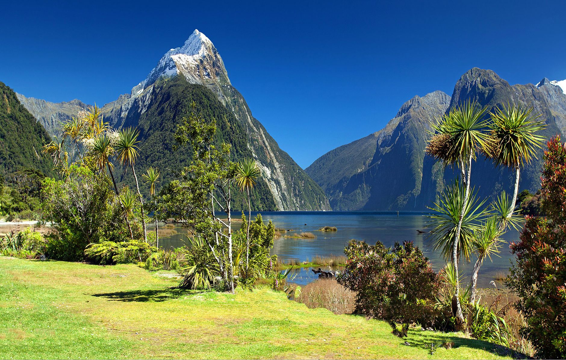 A scenic landscape featuring towering mountains, one capped with snow, beside a shimmering lake with lush, green vegetation in the foreground.
