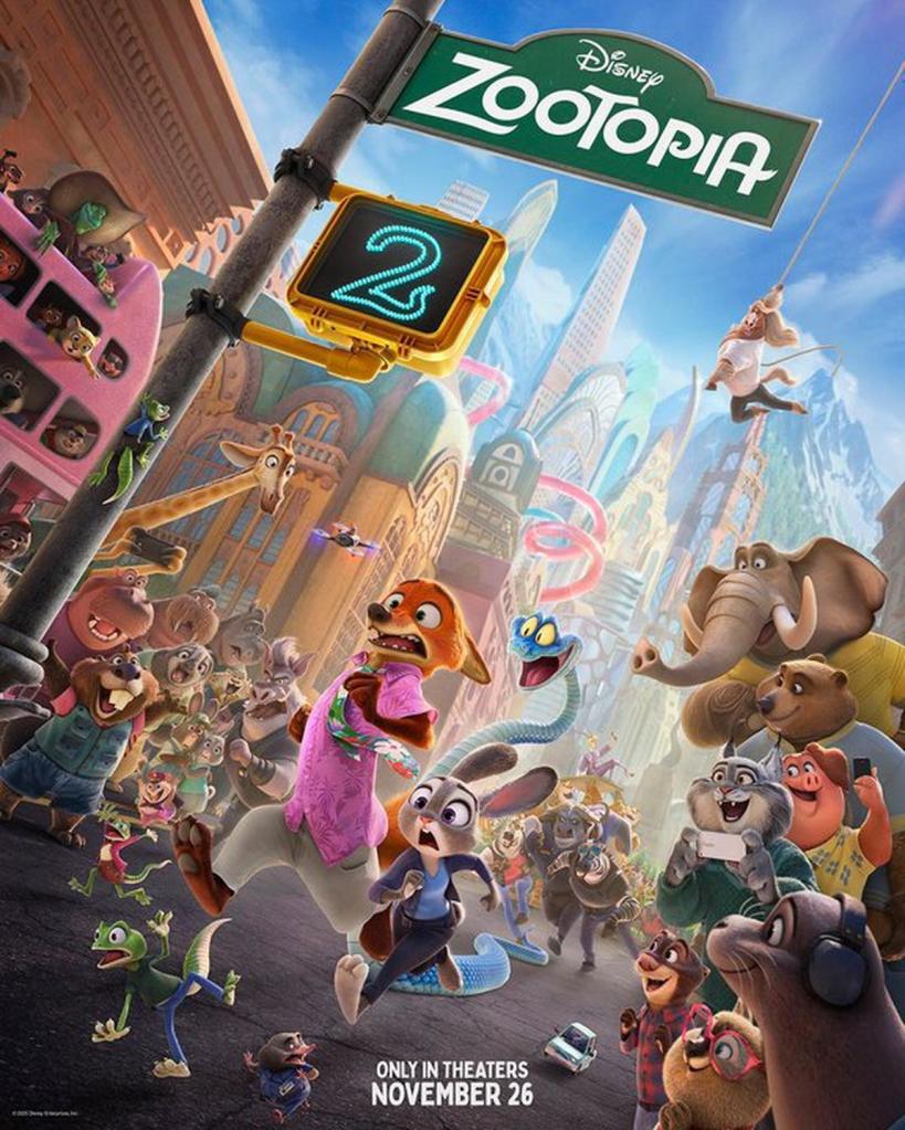 A vibrant, animated Zootopia movie poster featuring various anthropomorphic animals in an urban setting. The poster displays characters like a fox in a pink shirt and a rabbit, with other animals in the background. A traffic light showing '2s' and a sign for Zootopia are visible, along with the release date 'November 26'.