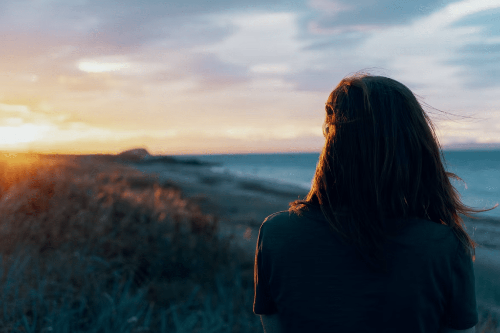 A silhouette of a person with long hair, gazing at a colorful sunset over a beach, surrounded by tall grass.