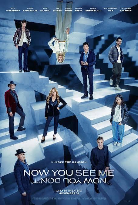 Promotional poster for the movie 'Now You See Me' featuring the main cast surrounded by a geometric staircase design, with the tagline 'Unlock the illusion.'