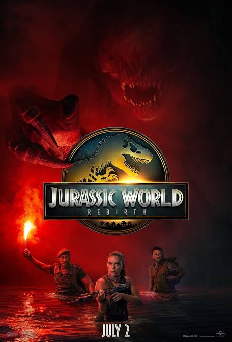 Movie poster for 'Jurassic World: Rebirth' featuring characters in a dramatic landscape with a dinosaur silhouette and the film's release date, July 2.