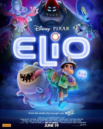 Disney Pixar's 'Elio' movie poster featuring the title 'Elio' lit up in blue, with a young boy in a colorful outfit surrounded by whimsical alien creatures and a vibrant cosmic background.