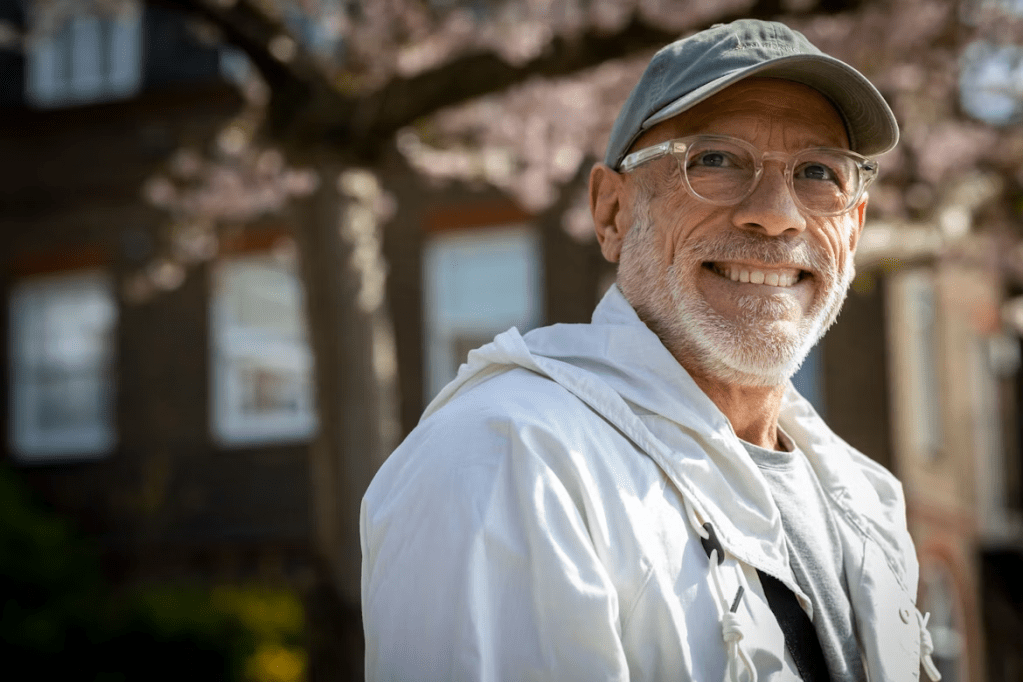 Smiling older man with glasses and a cap, wearing a white jacket, standing outdoors near trees with pink flowers.