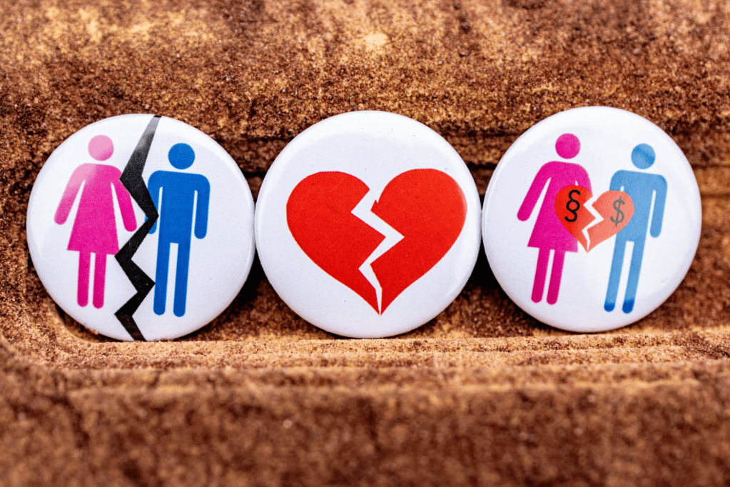 Three buttons depicting themes of broken relationships: a couple with a crack symbol, a broken heart, and a couple with money symbols representing financial issues.