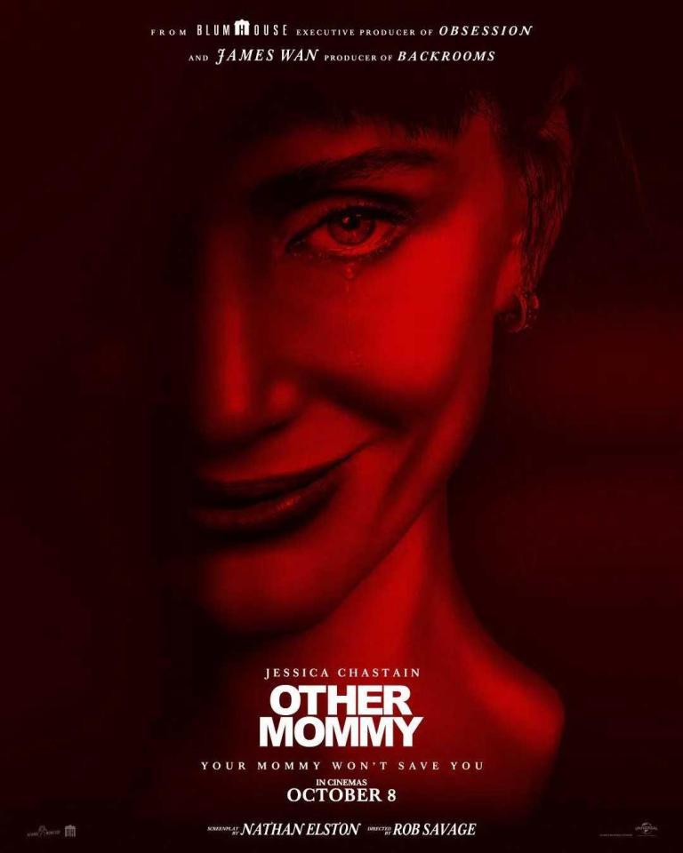 Promotional poster for the film 'Other Mommy' featuring a close-up of a woman with a sinister smile against a red background. The text includes the film title, release date, and names of producers and cast.